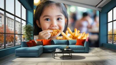 Close up portrait of a satisfied pretty little asian girl eating fried chicken and french fries In the restaurant. Unhealthy food concept. copy space for text. Wall mural