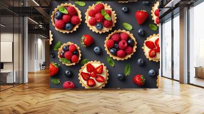 Colorful berry tartlets or cake for kitchen pattern. Pastry dessert from above. Copy space for text. Wall mural