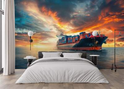 Container ship in the international terminal logistic sea port. copy space for text. Wall mural