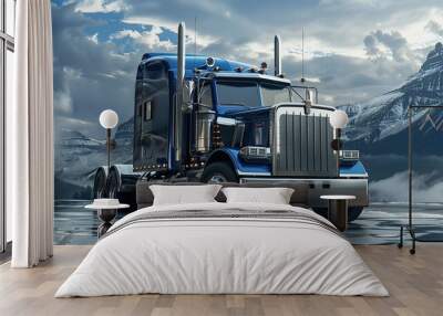 create an image of a big darkblue american truck with zilver accents. copy space for text. Wall mural