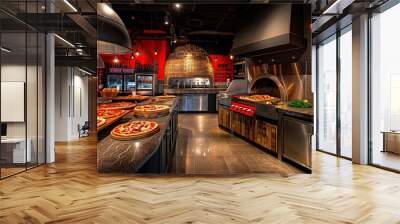 Create an inviting display of a contemporary pizzeria, with wood-fired ovens, pizza tossers, and a menu of gourmet pizza creations. copy space for text. Wall mural