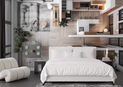 Detailed apartment layout in a modern architectural style. Setting: Present an overhead view of an apartment layout with clear, precise lines and a minimalist color scheme. Wall mural