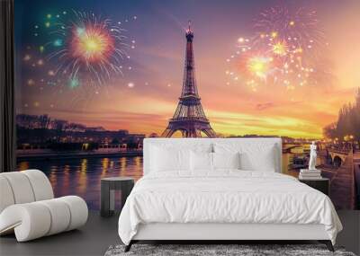 Eiffel tower and fireworks in Paris France, illustration for Olympic games in summer 2024 imagined by AI generative. copy space for text. Wall mural