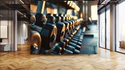 Fitness gym health club room closeup of heavy free dumbbells weights banner panorama background. copy space for text. Wall mural