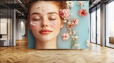 girl with flowers, spa treatment, beauty care and self-care concept. copy space for text. Wall mural