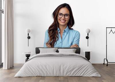 Happy young smiling confident professional business woman wearing blue shirt and glasses. transparent, isolated on white. PNG. Wall mural