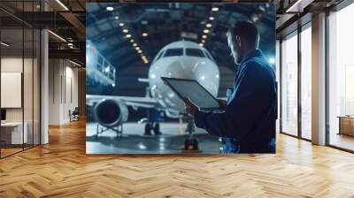 Innovative engineer managing aircraft assembly in hangar using digital tablet. copy space for text. Wall mural