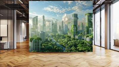 Innovative sustainable urban landscape concept integrating green architecture and Eco friendly futuristic planning for a modern cityscape. Image of green city. copy space for text. Wall mural