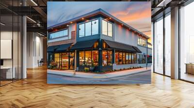 Newly constructed retail and business building with awning, currently offering space for purchase or rental in a combined storefront and office setting. copy space for text. Wall mural