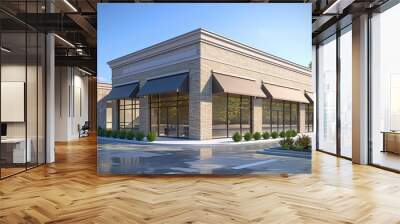 Newly constructed retail and business building with awning, currently offering space for purchase or rental in a combined storefront and office setting. copy space for text. Wall mural