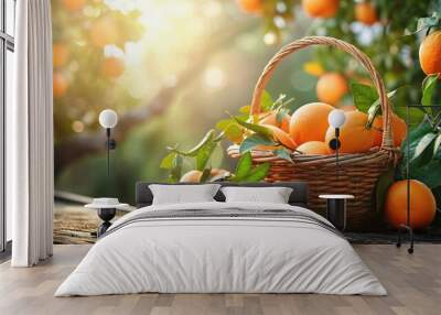 Organic ripe orange tangerine crop or citrus harvest in basket on wood against garden background. Image of orange juice. copy space for text. Wall mural