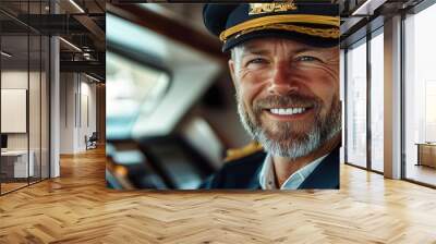 Portrait of a smiling ship captain in uniform. Skipper of a yacht on board a ship. Work at sea. copy space for text. Wall mural