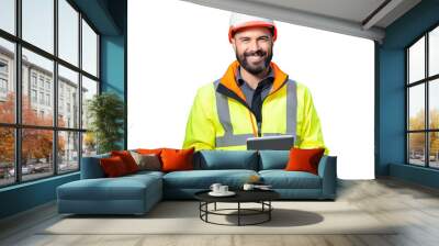 Portrait of engineer construction man holding digital tablet or computer notebook. Image of industry. White transparent background. Wall mural