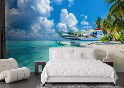 Seaplane at tropical beach resort. Luxury summer travel destination with seaplane in sunny paradise islands. Exotic vacation or holiday transportation, Maldives Ari Atoll. Wall mural