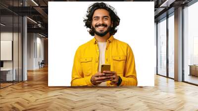 Smiling indian young man using cell phone. transparent, isolated on white. PNG. Wall mural