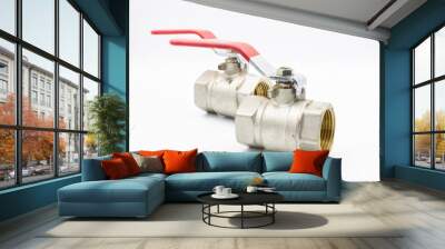 Stainless ball valve two way. Water valve isolated on white background. Valve with red handle. Wall mural