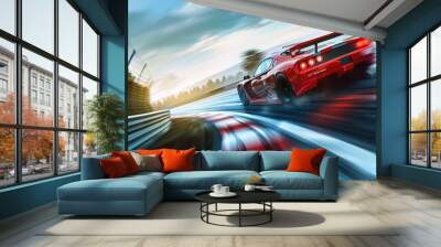 Super car racing on the circuit track while driving at high speed and accelerating at full power. copy space for text. Wall mural