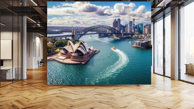 Sydney Harbour Bridge in a beautiful summer day, Australia, Sydney, Australia. Landscape aerial view of Sydney Opera house near Sydney business center. Wall mural