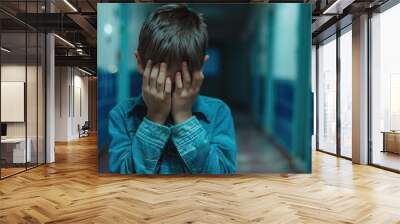 Upset boy covered his face with hands standing alone in school corridor. Learning difficulties, emotions, bullying in school. copy space for text. Wall mural