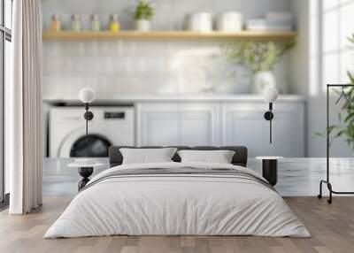 White blurry home laundry room with modern washing machine and empty marble table top. Blank space for product display. copy space for text. Wall mural