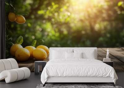 Wooden table with lemon fruits and free space on nature blurred background. Wall mural