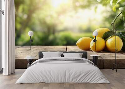 Wooden table with lemon fruits and free space on nature blurred background. Wall mural