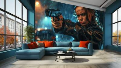 Young woman in black jacket points gun in rain, police officer or killer holding weapon at night. Female detective with pistol on dark street. Concept of spy, thriller movie. copy space for text. Wall mural