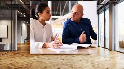 young business woman expressing uncertainty about her caucasian male business partner's new idea as  Wall mural