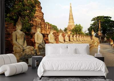 Buddha statue and archaeological site in Ancient archaeological site at Ayutthaya., Historical Park of Thailand. Wall mural