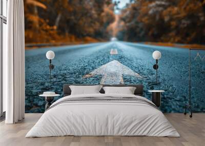 A conceptual image featuring an asphalt road with a direction arrow, symbolizing the idea of choosing a path or direction, Generative Ai Wall mural