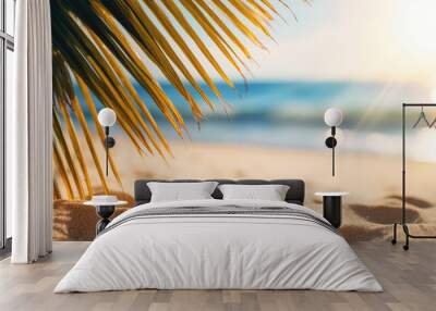 Beautiful background for summer vacation and travel. Golden sand of tropical beach, blurry palm leaves and sea on sunny day. Generative Ai Wall mural