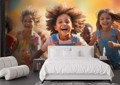 Group of diverse cheerful fun happy multiethnic children outdoors created with Generative AI technology, Generative Ai Wall mural