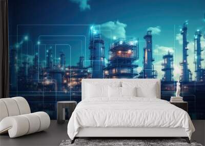 oil and gas power plant refinery with storage tanks facility for oil production or petrochemical factory infrastructure and oil demand price chart concepts as wide banner with copy, Generative Ai Wall mural