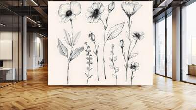 2D flower and leaf cards in various styles Wall mural