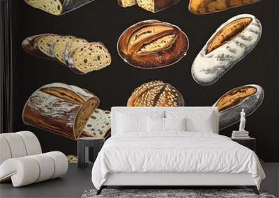 cookies and bread in an illustrator doodle graphic style Wall mural