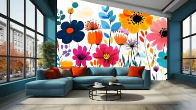 floral and leaf on white background in doodle-style tile designs with graphic format. Wall mural