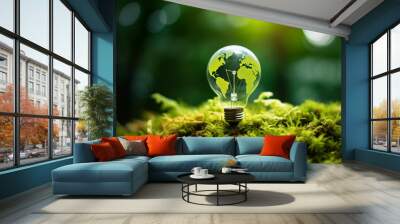 Green World Map On The Light Bulb With Green Background, Renewable Energy Environmental Protection Wall mural