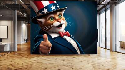 Cat in usa flag hat pointing you like uncle sam. Generative AI Wall mural