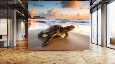 Funny turtle on the beach enjoying the summer , Generative AI Wall mural