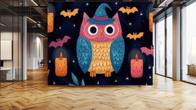 Whimsical Owl with Bats and Candles for Halloween Decor Wall mural