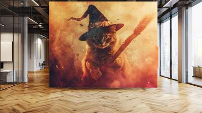 A cat wearing a witch's hat and holding a broomstick Wall mural