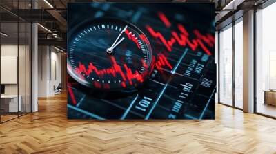 A clock is on a black background with red lines Wall mural