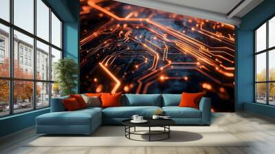 A close up of a circuit board with orange lines Wall mural