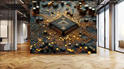 A close up of a computer chip with a gold color Wall mural