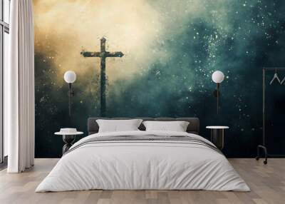 A cross is shown in the middle of a dark sky with a lot of smoke Wall mural