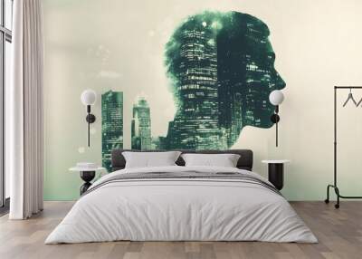 A man's head is shown in a cityscape, with the buildings Wall mural