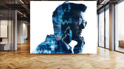 A man in a suit is looking at a computer screen with a lot of numbers and graphs Wall mural