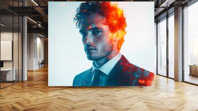 A man in a suit is wearing a tie and standing in front of a fire Wall mural