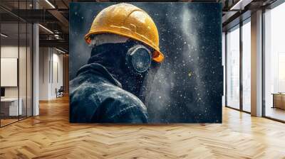 A man wearing a yellow helmet and goggles is standing in the rain Wall mural