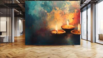 A painting of three lit candles on a table with a blue background Wall mural